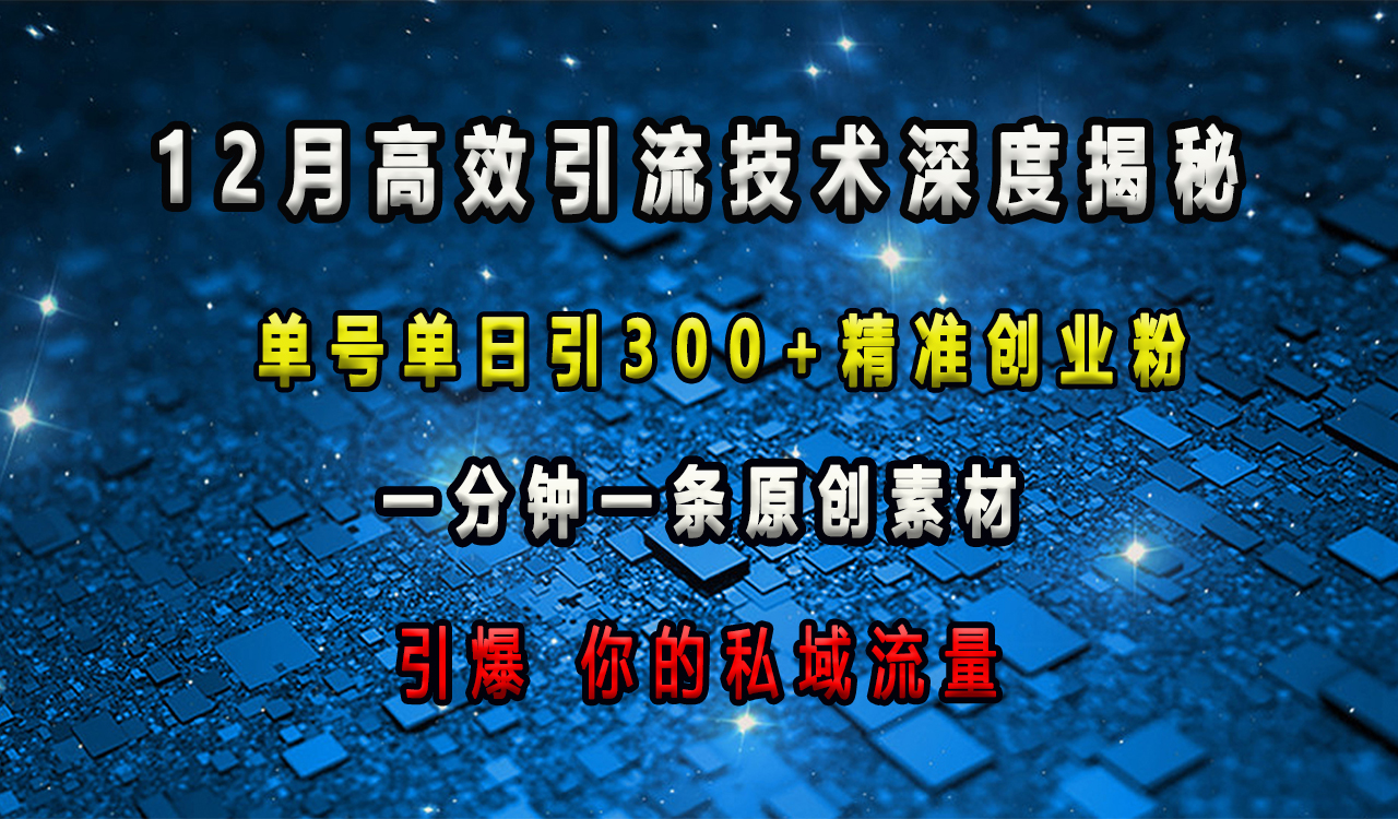 12月高效引流技术深度揭秘 ，单号单日引300+精准创业粉，一分钟一条原创素材，引爆你的私域流量-瑞创网