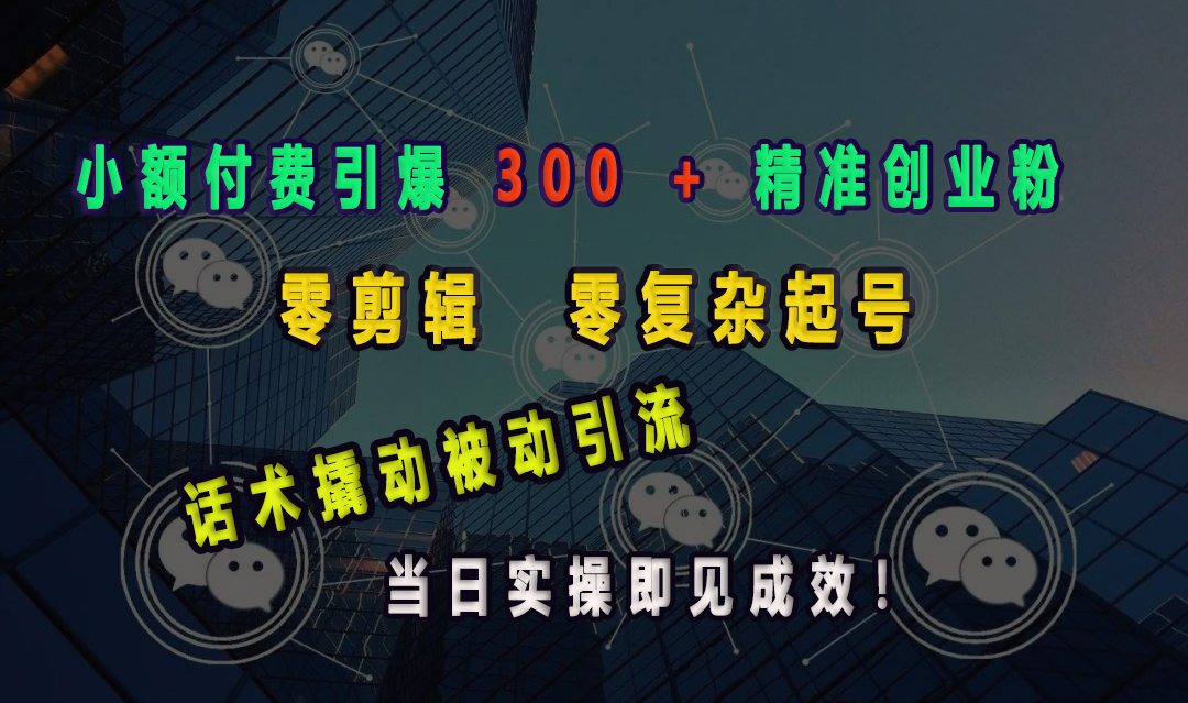 小额付费引爆 300 + 精准创业粉，零剪辑、零复杂起号，话术撬动被动引流，当日实操即见成效！-瑞创网